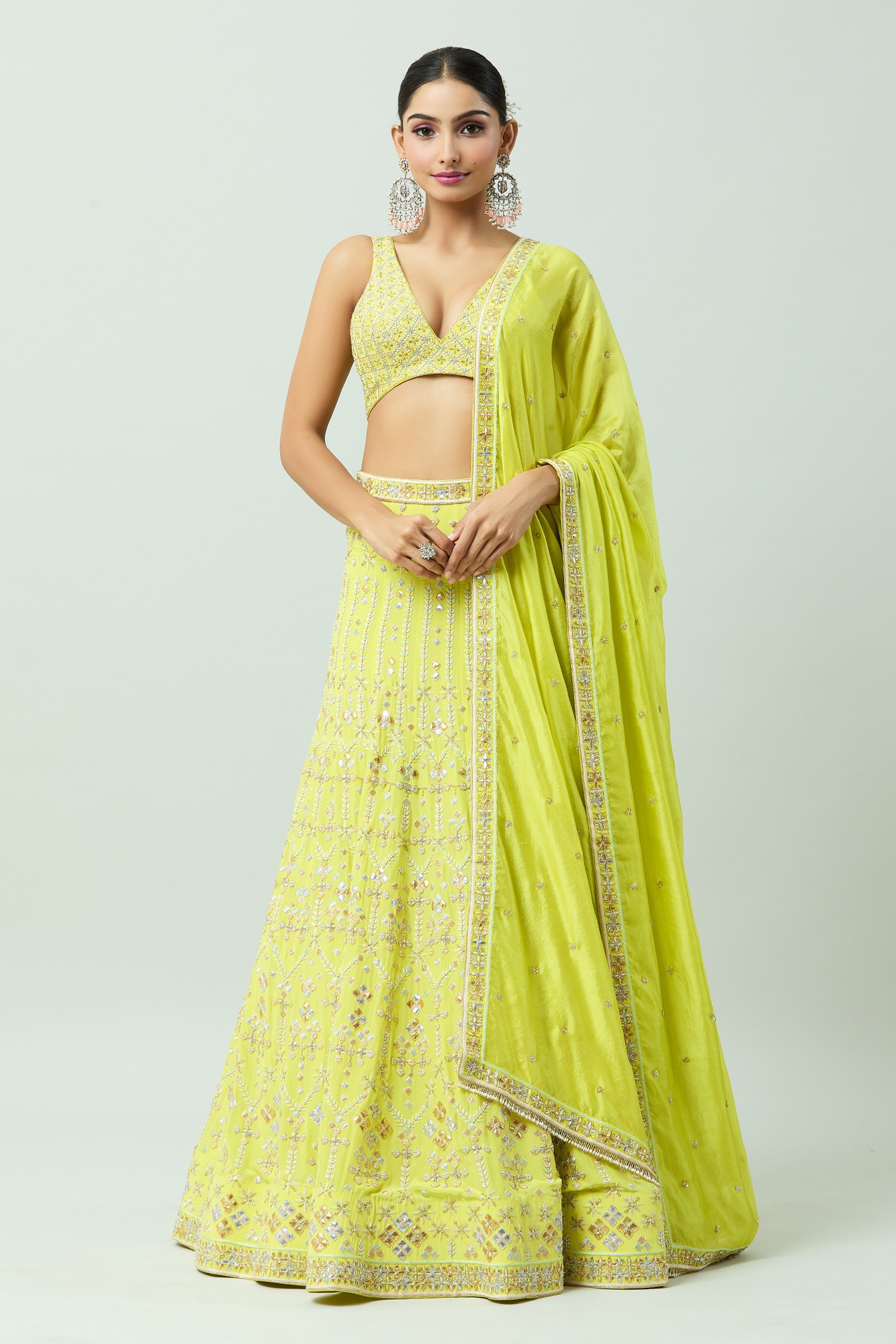 Buy Yellow Silk Crepe Embellished Bead Plunge Gota Bridal Lehenga Set