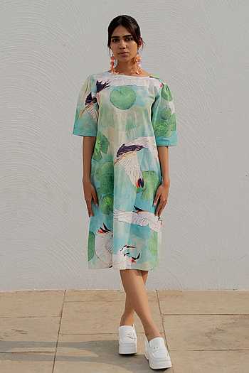 Bird Embroidered Shift Dress in Green