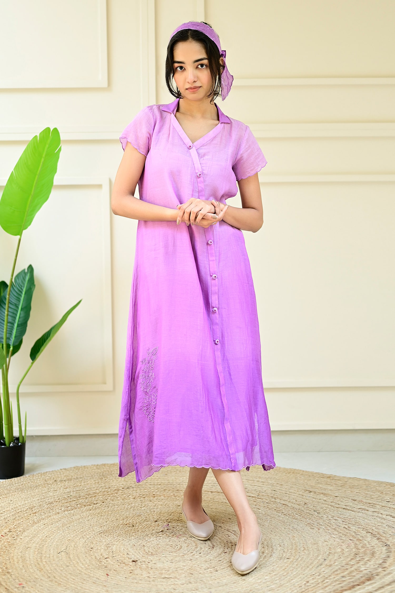 Buy Purple Pure Handwoven Silk Embroidered Floral V Neck Midi Shirt Dress For Women By Kkanyaah