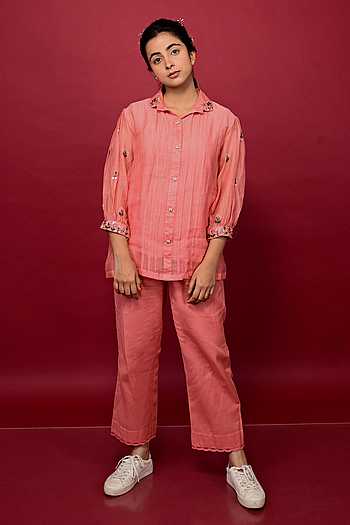Peach Printed Collar Neck Pant Set