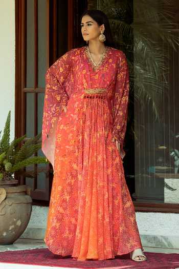 Vivo Basic Chiffon Tie Kaftan Top - Orange / Light Blue Nisa Print main image 0