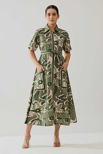 Wanita Midi Shirt Dress in Green Multi Abstract Print Cotton