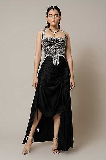 Black Embroidered Corset with Draped Shimmer Skirt – Tube Top Set main image 0