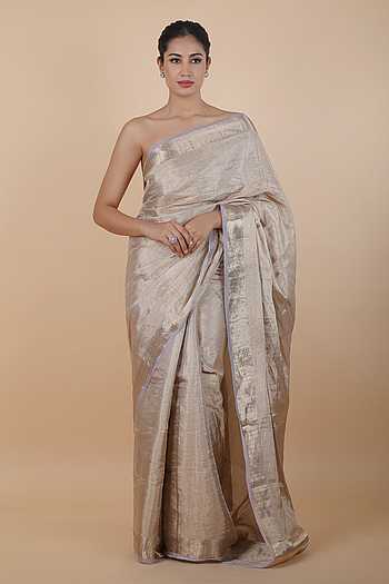 Golden Pink Zari Woven Banarasi Saree with Polka Dot Body & Floral Brocade Border