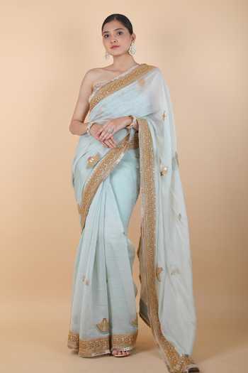 Blue Embellished Organza Saree With Unstitched Blouse Piece