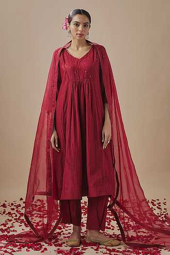 Maroon Chanderi Pant Suit main image 1