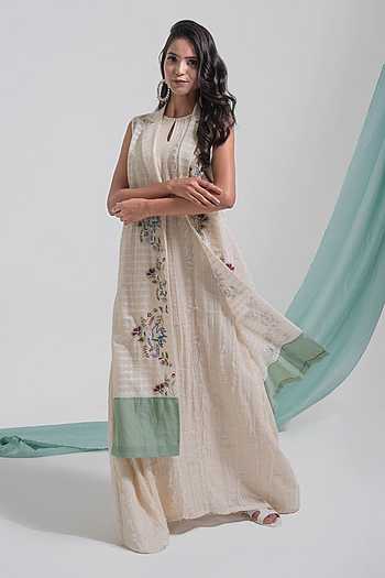 Cream Printed Cotton Dress with Chanderi Dupatta
