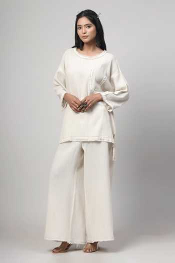 Bird Print White Khadi Light Pink Tunic With Dori Detailing