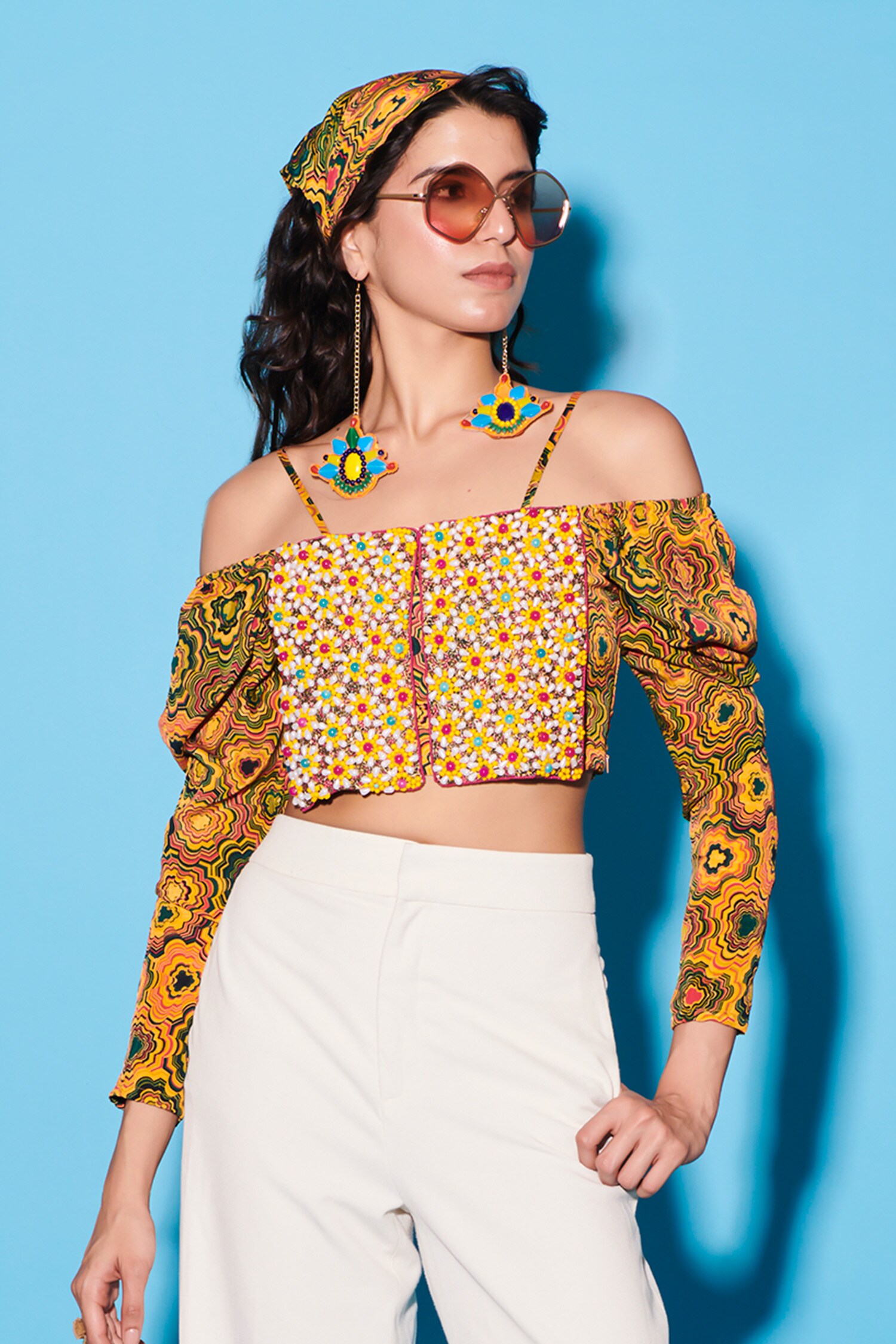 Buy Yellow Viscose Crepe Print Pinwheel Square Neck Embroidered Top For