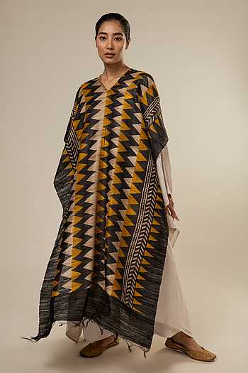 Maroon - Tussar Ghicha Silk Kaftan with Tie-Up Waist (Medium)