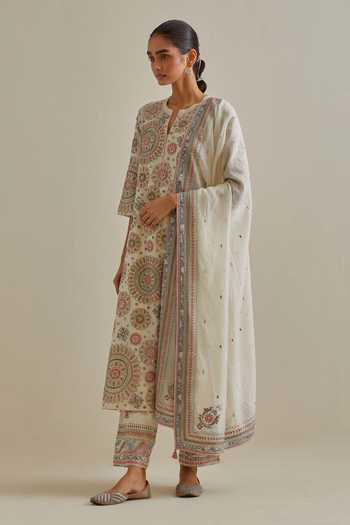 Women's Chanderi Cotton Woven Straight Kurta Pant With Dupatta