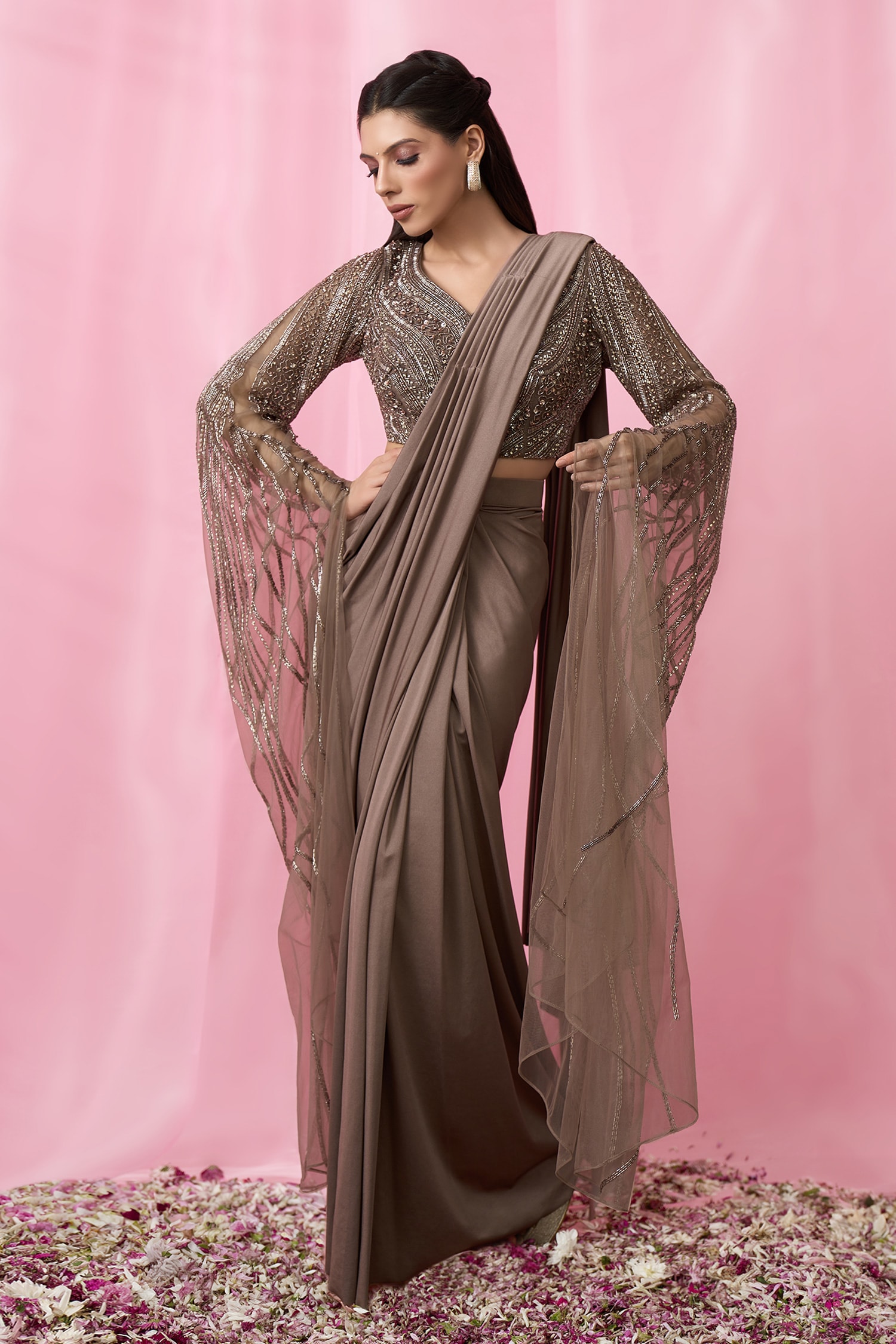 Pre-Draped Saree With Embellished Blouse