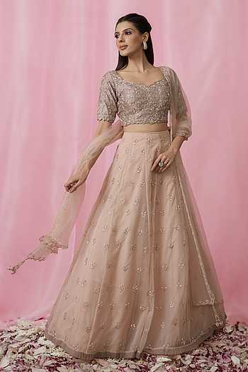 Handcrafted Light Gold Pleated Silk Lehenga with Aari Work Stitched Blouse
