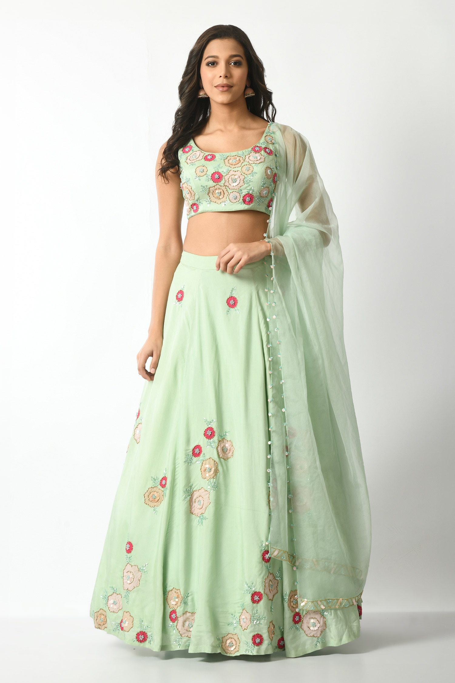 Buy Green Habutai Silk Organza Hand Embroidery Floral Square Lehenga ...