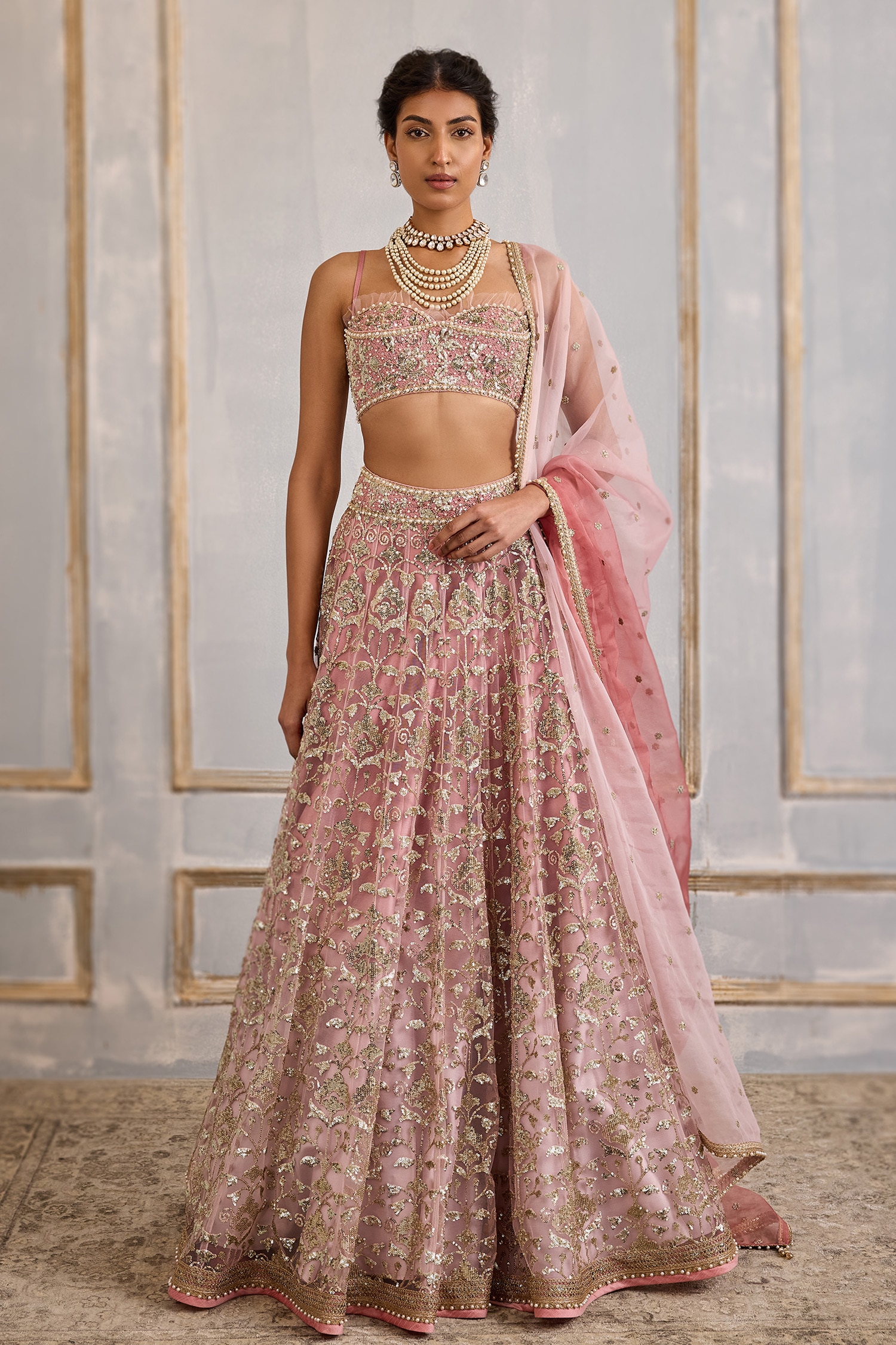 Buy Pink Tulle Embroidery Sequin Sweetheart Neck Ombre Lehenga Set For