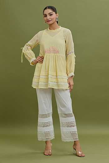 Cotton Kota Ethnic Set: Embroidered Neck, Half-Lace Dupatta-Pastel Yellow.