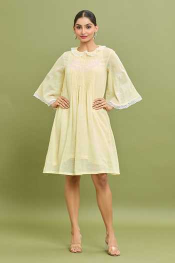 Pintuck Collar Dress 3/4 Sleeve-Wheat main image 0