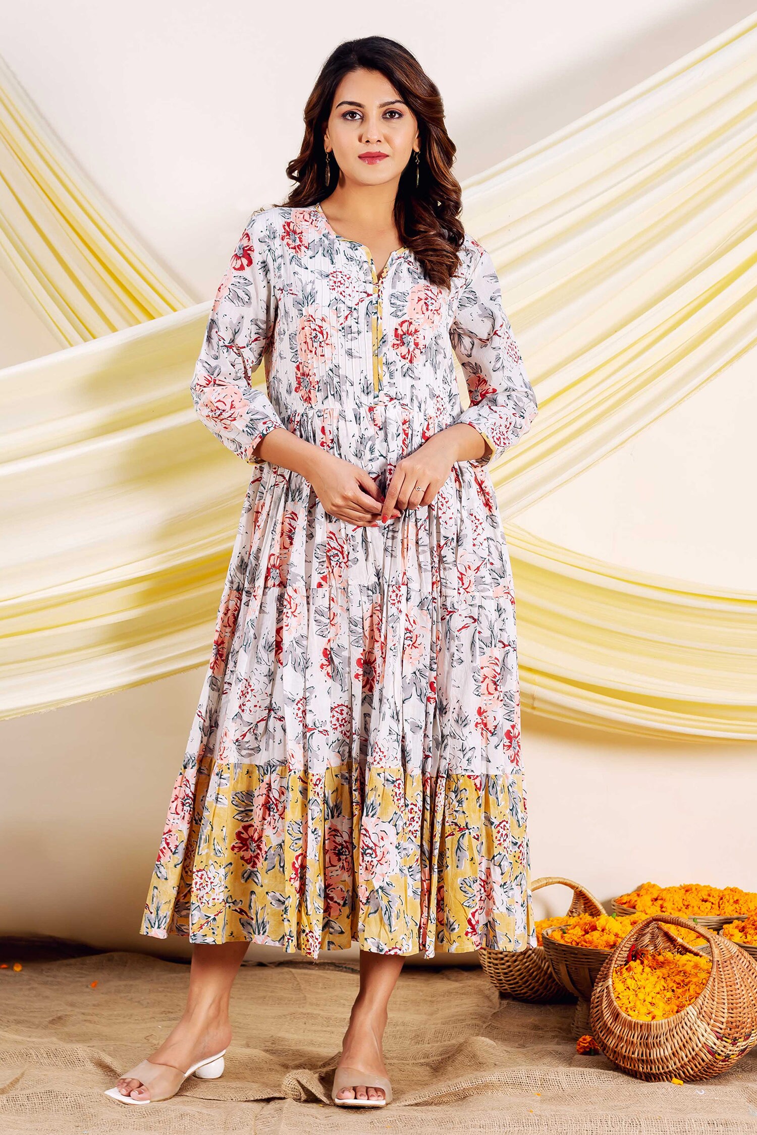 Buy White Cotton Printed Floral Notched Petal Handblock Midi Dress For ...