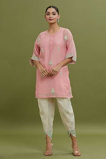 Mul Chanderi Kurti Pant Dupatta Set with Dori and Sequin Handwork for Women