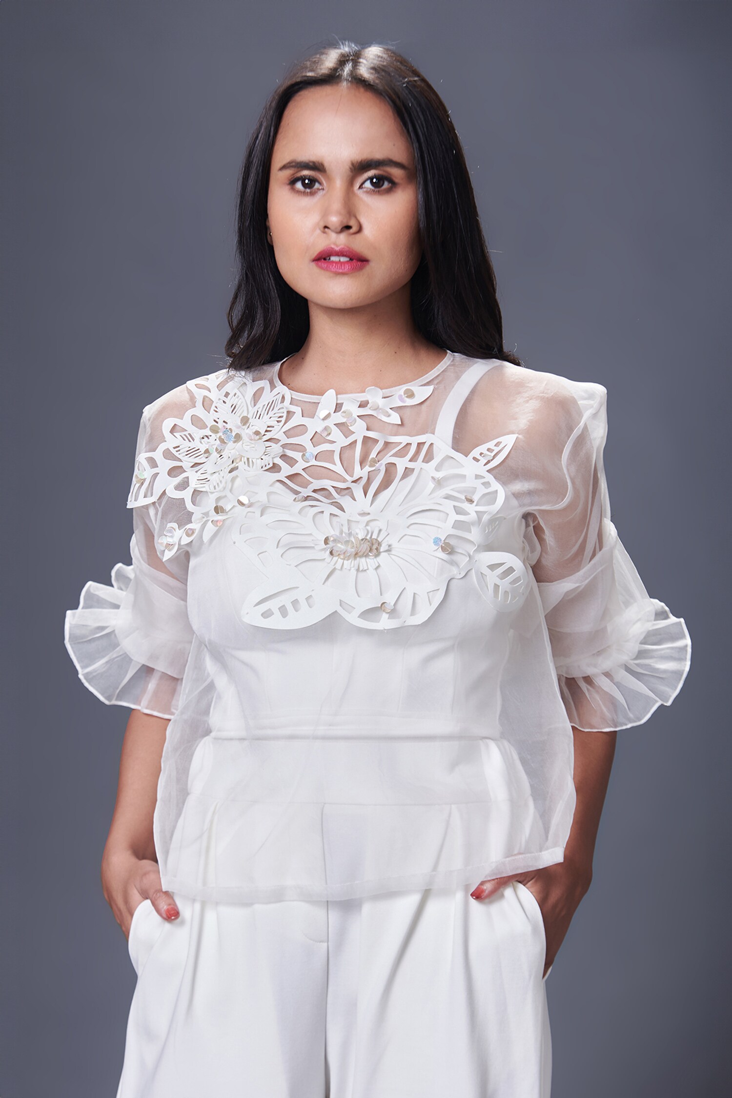Buy White Ponte Roma Embroidered Cutwork Round Top For Women by Deepika