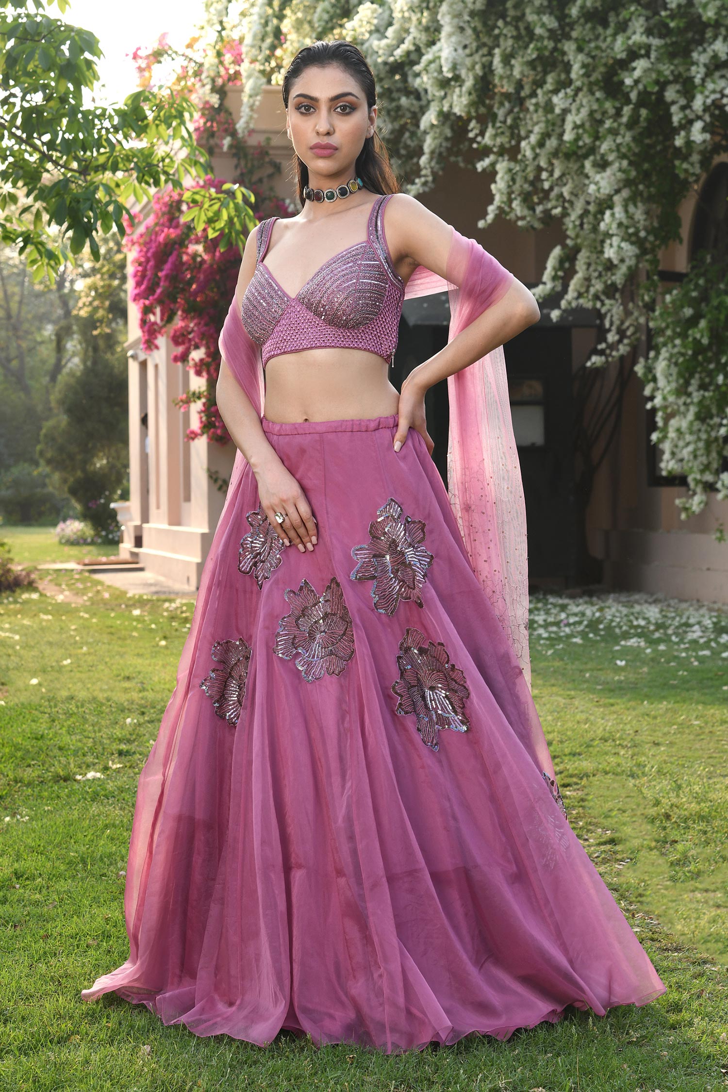 Buy Purple Organza Embroidered Sequin Work V Neck Floral Lehenga