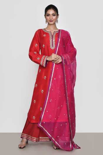 Red Floral Printed V-Neck A-Line Kurta with Palazzo main image 1