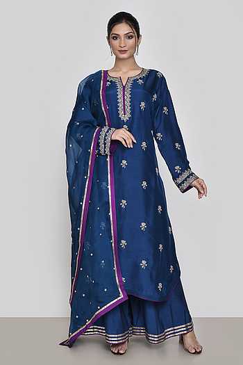 Women Blue Embroidered Straight Kurta Palazzos Set