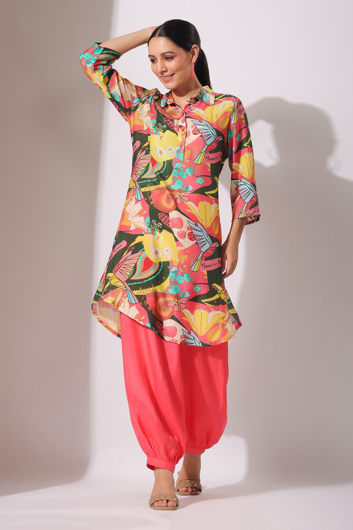 Buy Multi Color Muslin Print Quirky Bloom Collar Kurta With Afghani ...