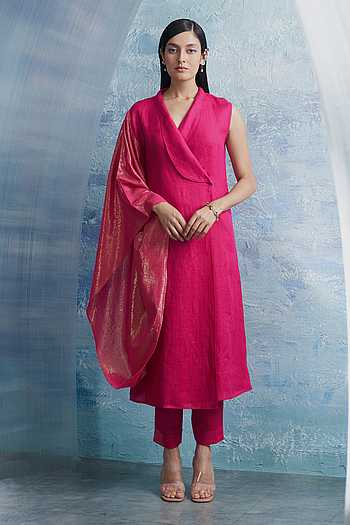 Fuchsia-Colored Printed Kurti Pant Set