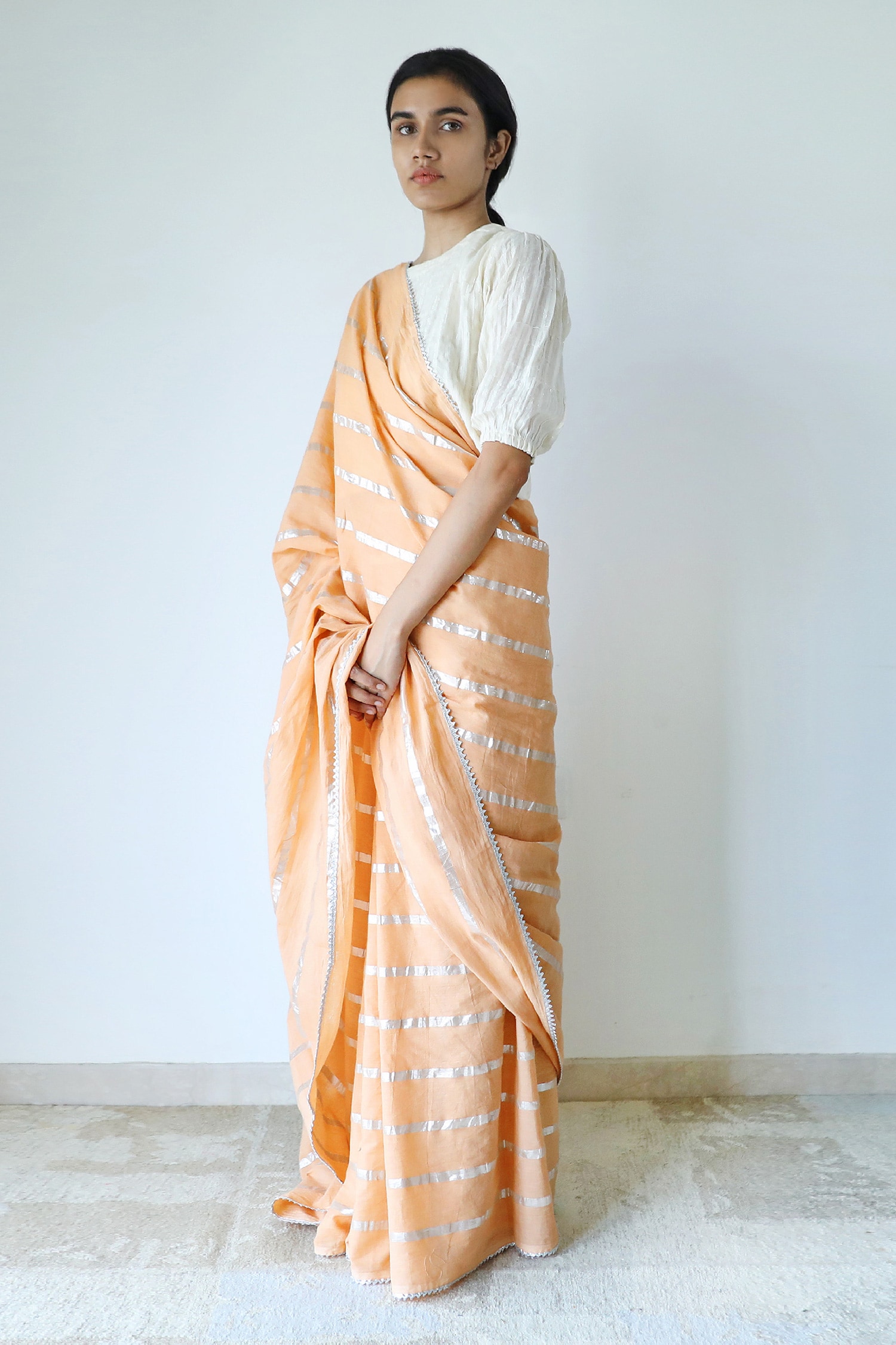 Buy Peach Cotton Stripe Zari Pattern Saree For Women by Merakus Online ...