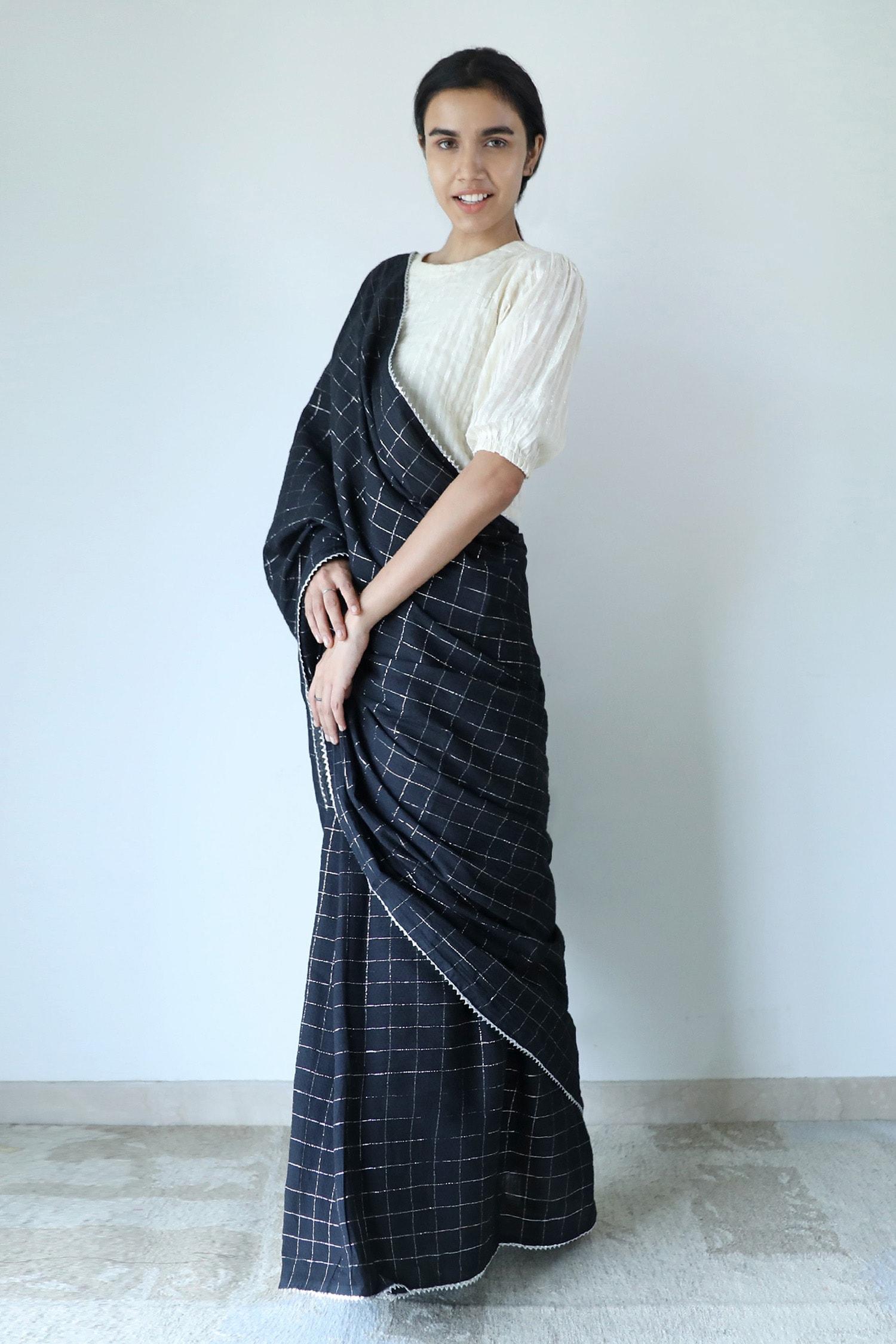 Buy Black Cotton Chequered Zari Pattern Saree For Women by Merakus ...