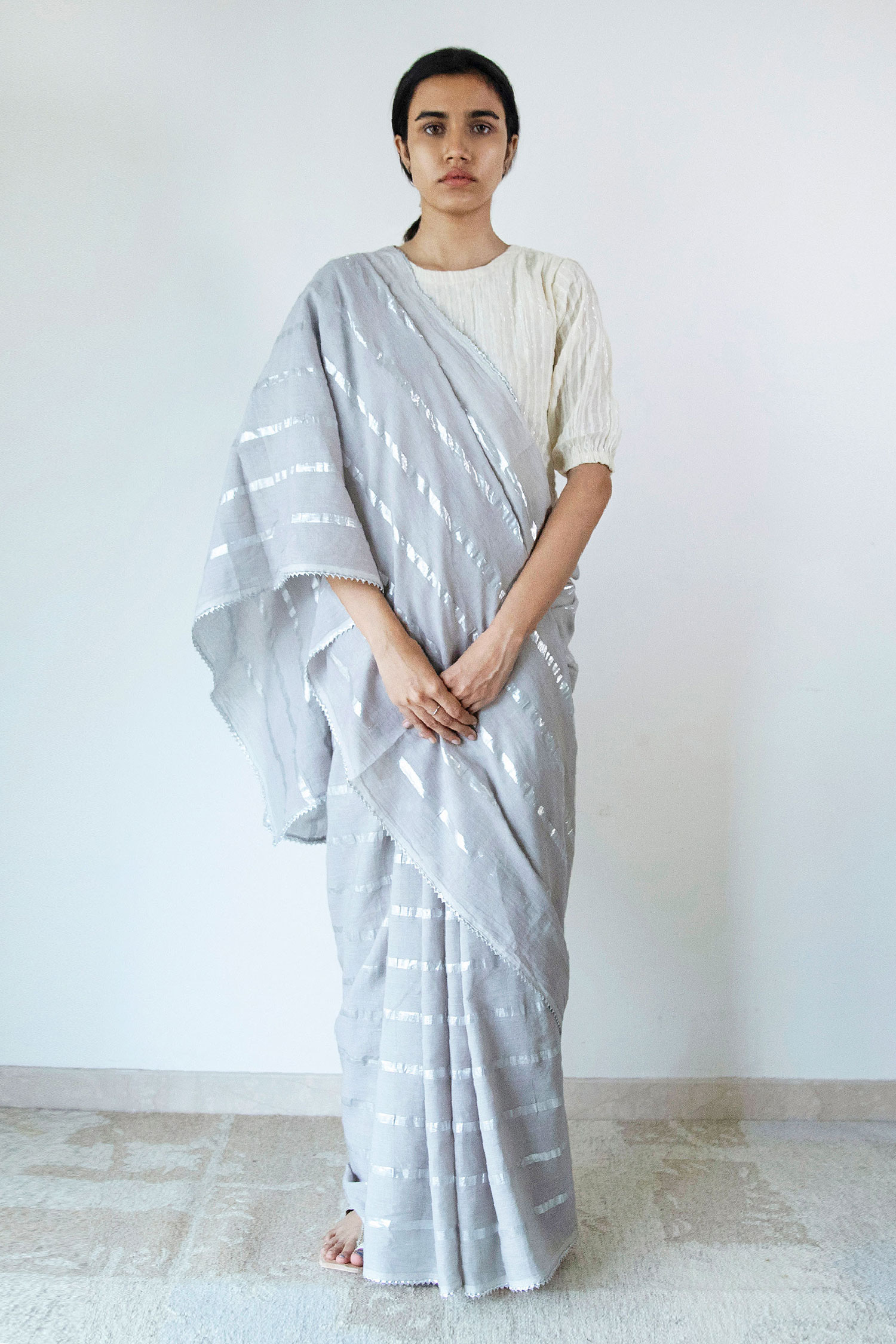 Buy Grey Cotton Stripe Zari Vertical Pattern Saree For Women by Merakus ...