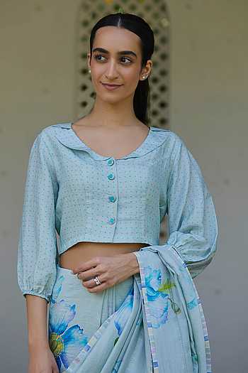 Buy Blue Handloom Cotton Round Neck Dew Drops Print Collar Blouse