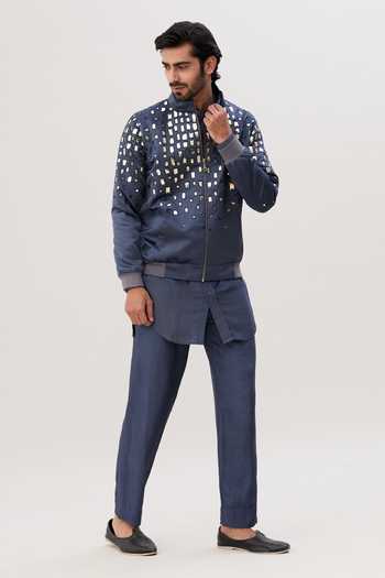 Grey Kurta Pant Set With Abla Work For Men