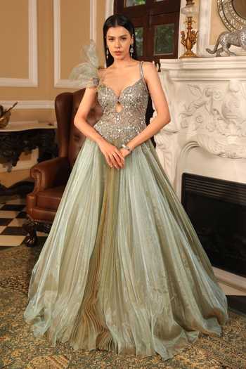 Elegant Grey Two-Piece Outfit Featuring Flowy Gown and Sheer Organza Jacket