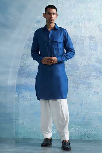 Men'S Navy Blue Cotton Solid Pathani Kurta With Salwar