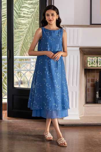 Buy Blue Muslin, Cotton Boat Neck Geometric Motif Print Midi Dress For  Women by Vaayu Online at Aza Fashions