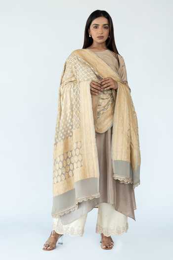Beige Crepe Silk Kurta Pant Dupatta Set with Banarasi Weaving Dupatta for Women – L to 3XL main image 0