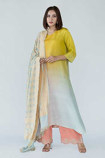 MONOMEE EVELINA NEON GREEN OMBRE KURTA WITH SLIP