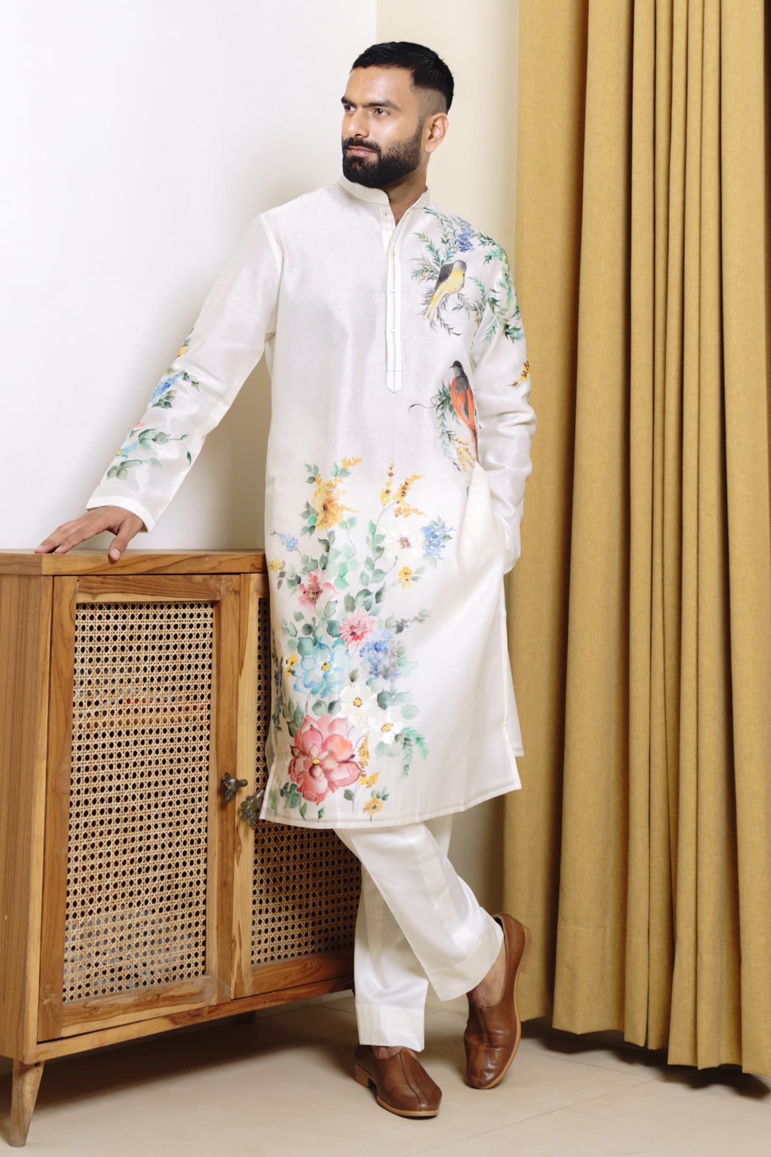 Buy Ivory Chanderi Hand Painted Ferns And Feathers Kurta Set For Men by ...