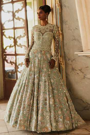 Zari Pearl Embellished Floral Gown