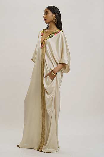 Women’s Black Poly Silk V-Neck Kaftan Midi Dress