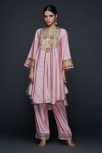 Buy Pink Viscose Chanderi Silk Embroidery Phool Bahar And Mirror ...