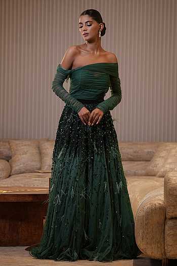 Buy Green Net Hand Embroidery Stones Asymmetric Neck Anarkali Gown For ...
