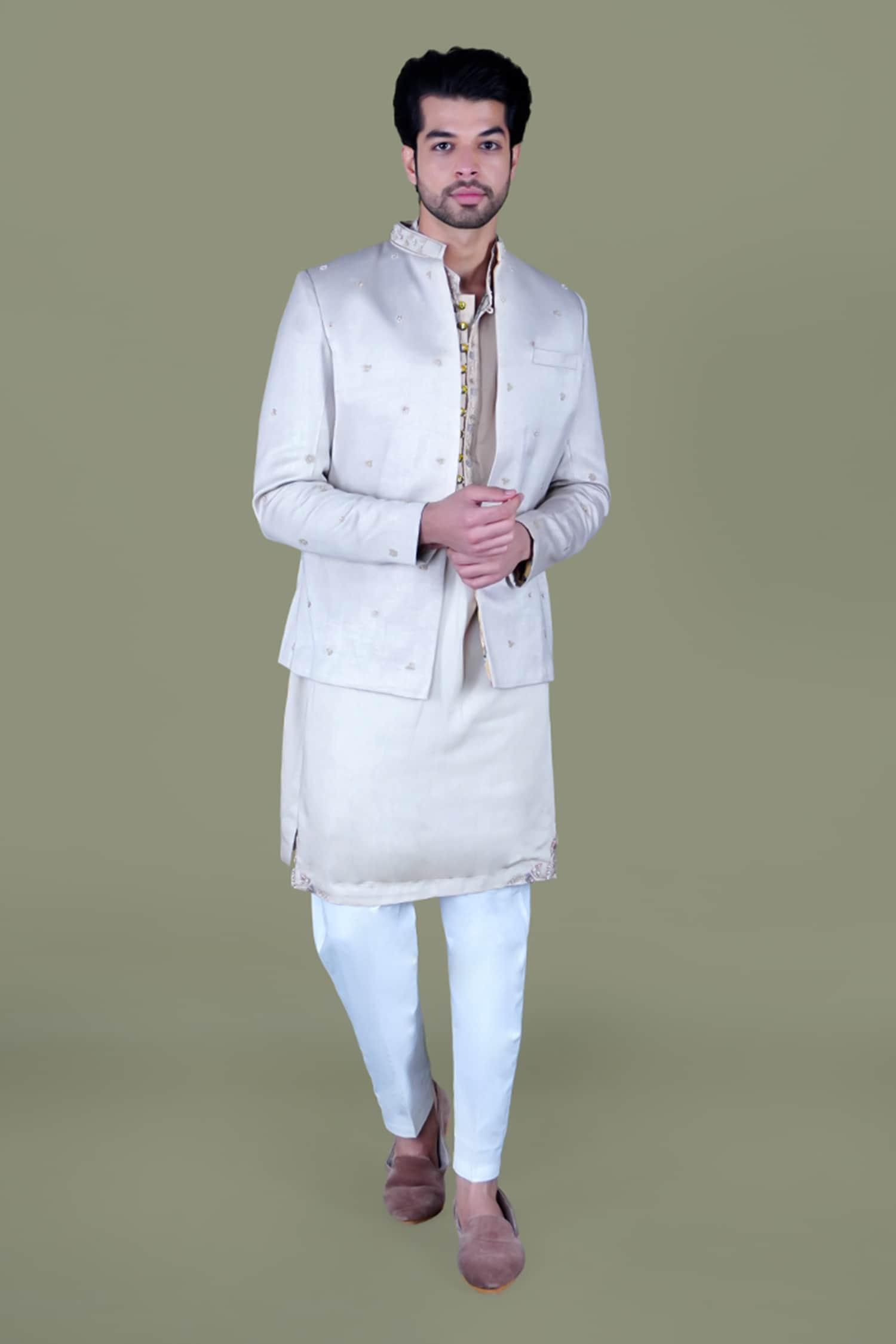 Buy White Italian Cotton Embroidered Pearl Nehru Jacket Set For Men by ...