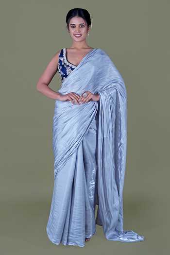 Women's Silk Blend Metallic Printed Designer Saree With Blouse Piece