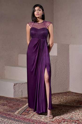 Made to Measure Crystal Embellished Georgette Gown With Attached Draped Dupatta & Laces