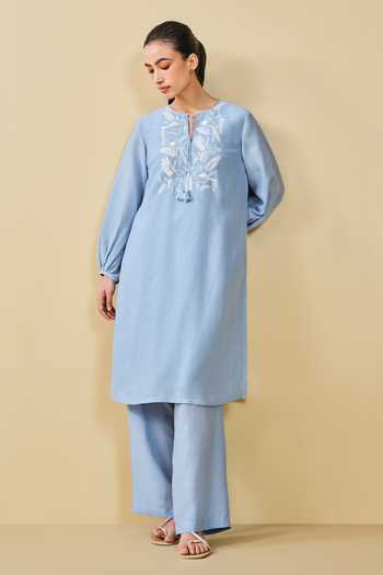 Women's Cotton Sky Blue Floral Printed With Chikankari Embroidered Kurta Pant With Dupatta