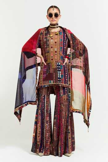 Aztec Print Sharara Saree with Neon Striped Choli