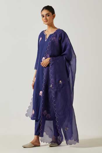 Women Turkish Blue Ethnic Floral Print Embroidered Kurta